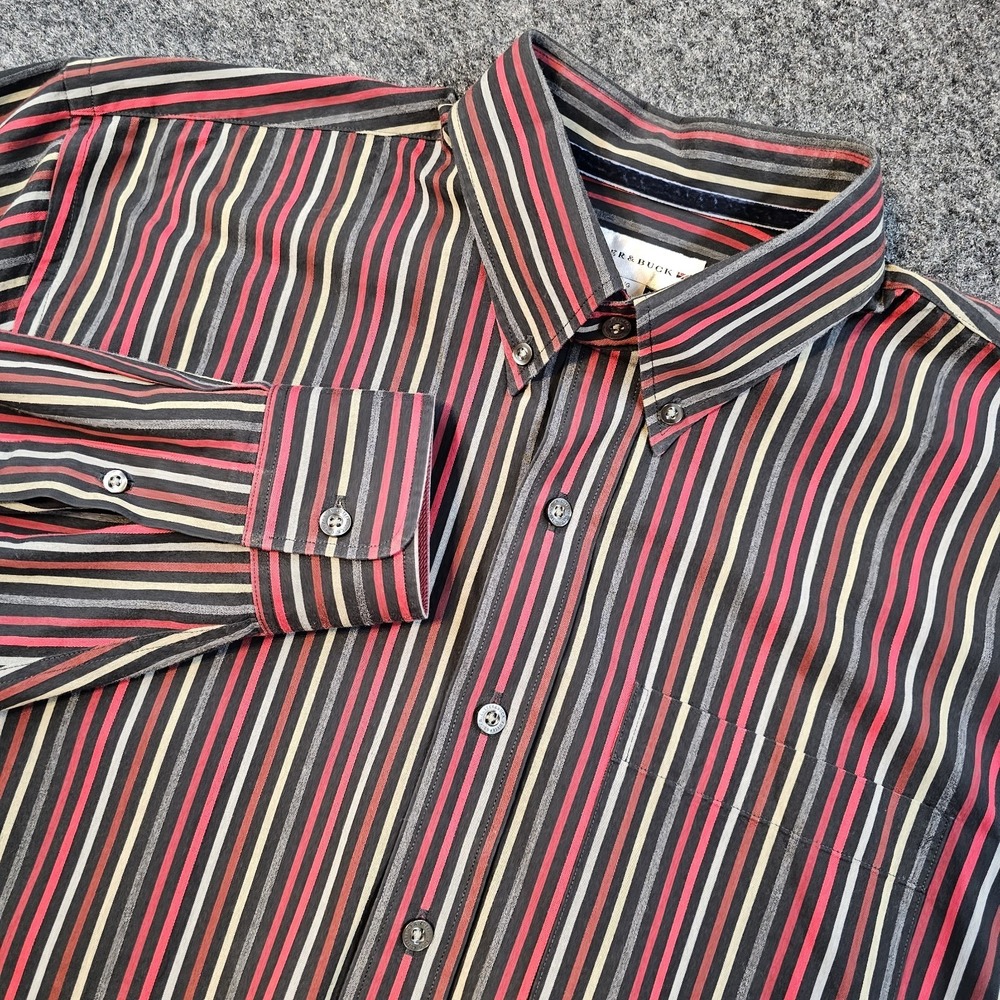 Cutter & Buck Mens L Button Front Dress Shirt Black Red Striped Long Sleeve